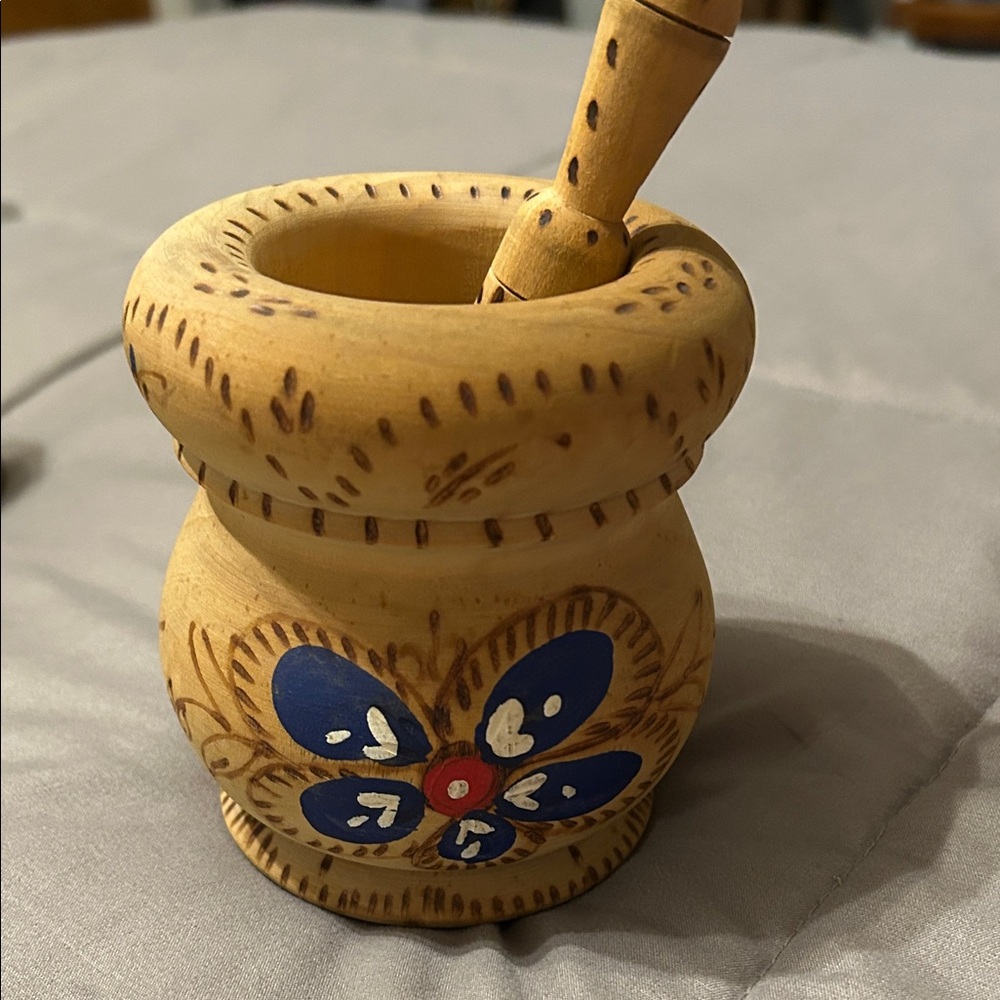 Handcrafted Wooden Mortar and Pestle with Blue Floral Design